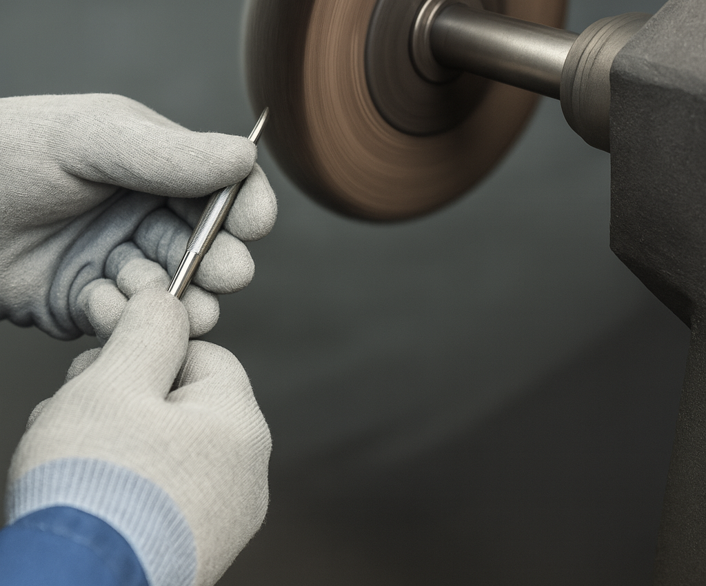 A technician wearing gloves polishes a surgical instrument on a rotating buffing wheel inside a clean manufacturing facility, demonstrating precision craftsmanship and quality control.